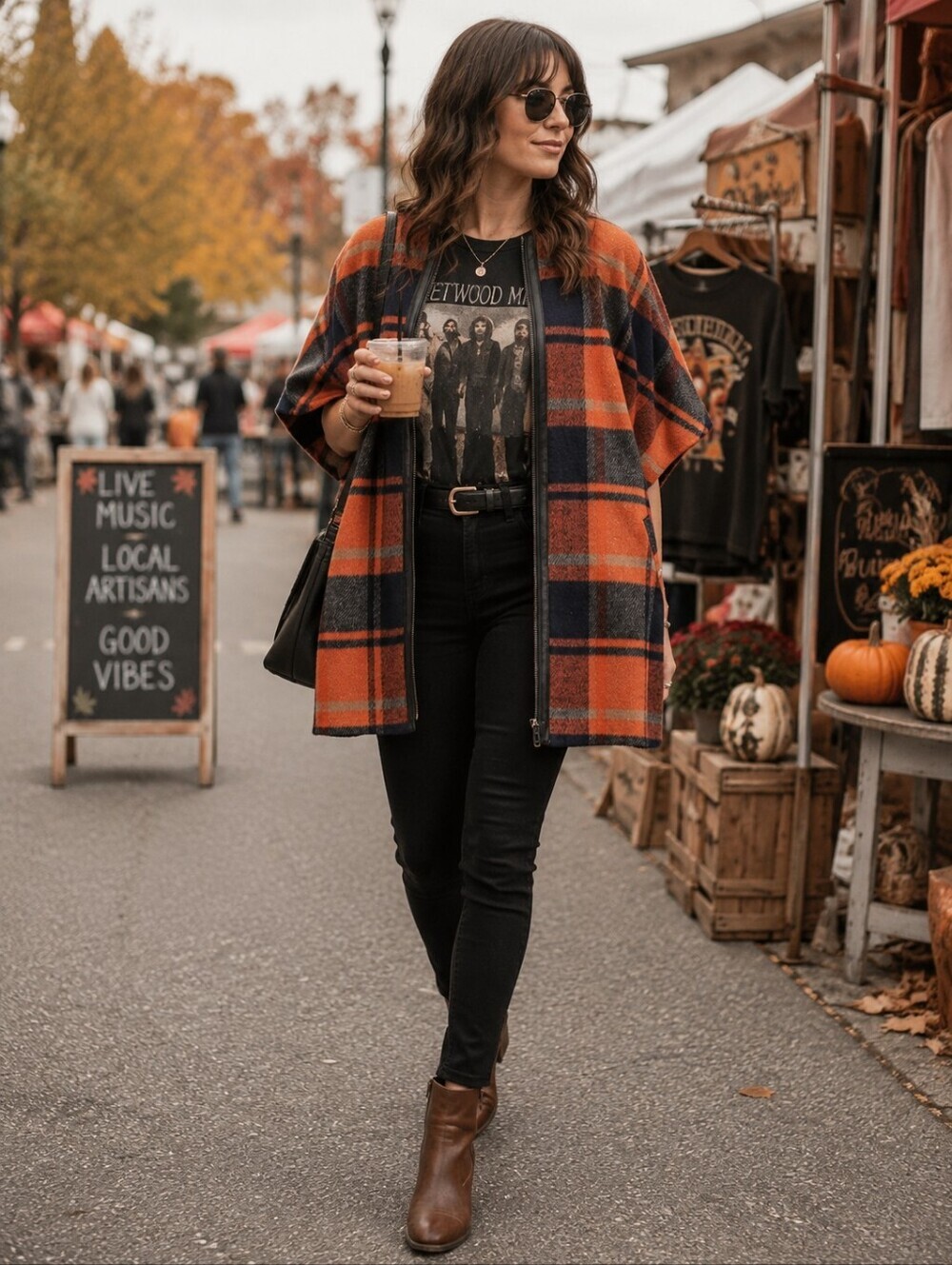 Andersen & Lauth Plaid Cape Jacket One Size Orange Navy Wool Blend Cocoon Coat